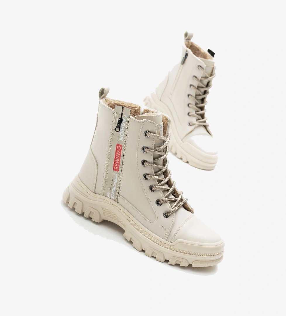 Kadın Bej Cilt Termo Taban Yanı Şerit Yazılı Bağcıklı ve Fermuarlı Bot