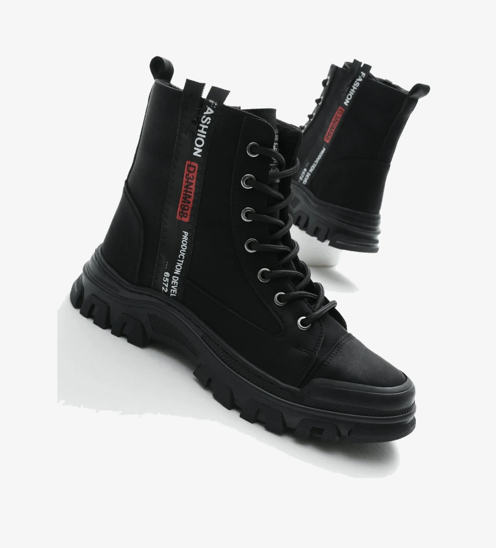 Kadın Siyah Mat Termo Taban Yanı Şerit Yazılı Bağcıklı ve Fermuarlı Bot