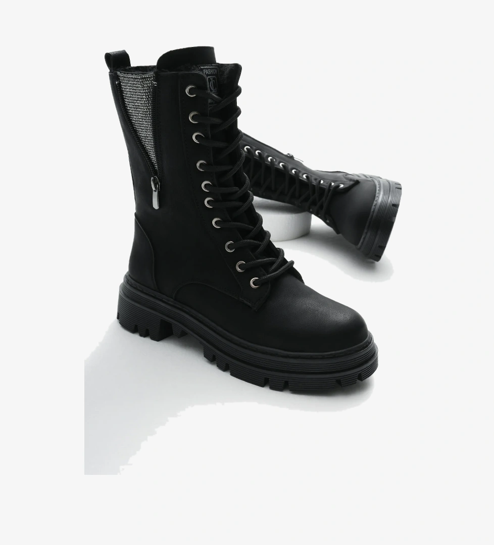 Kadın Siyah Mat Termo Taban Yanı Taşlı Detaylı Bağcıklı ve Fermuarlı Bot - Görsel 1