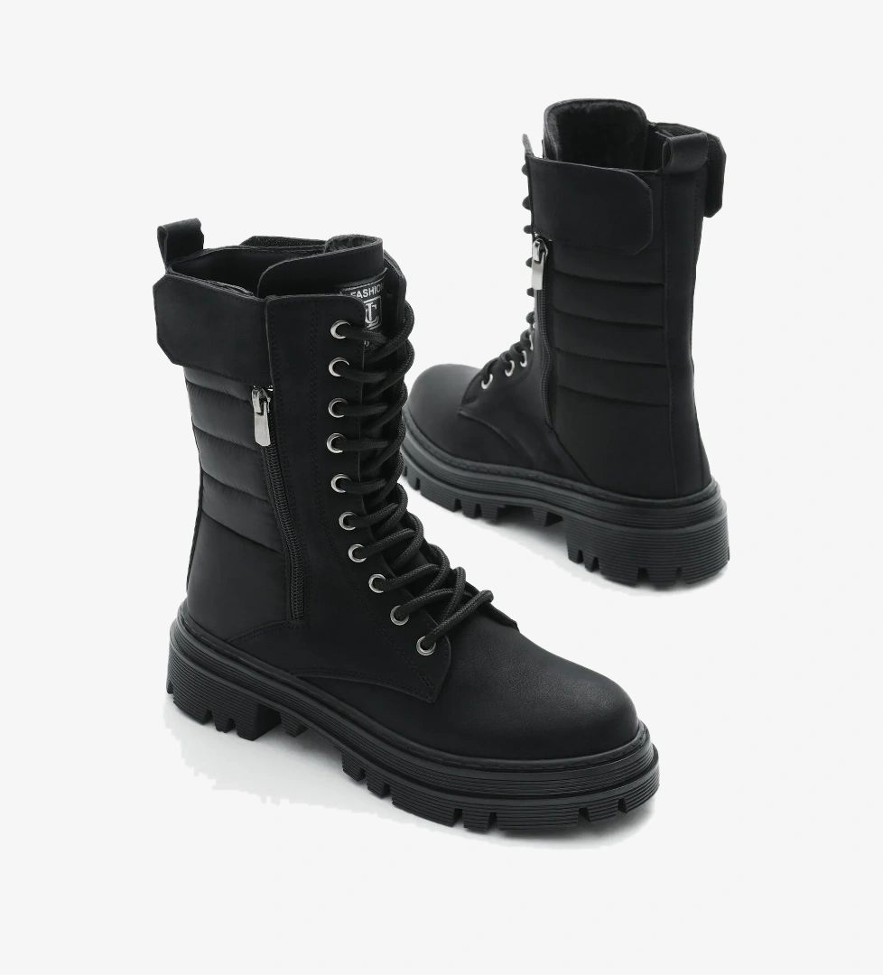 Tonny Black Kadın Siyah Cilt Termo Taban Nakışlı Dilim Desenli Cırtlı Bağcıklı Ve Fermuarlı Bot model görseli