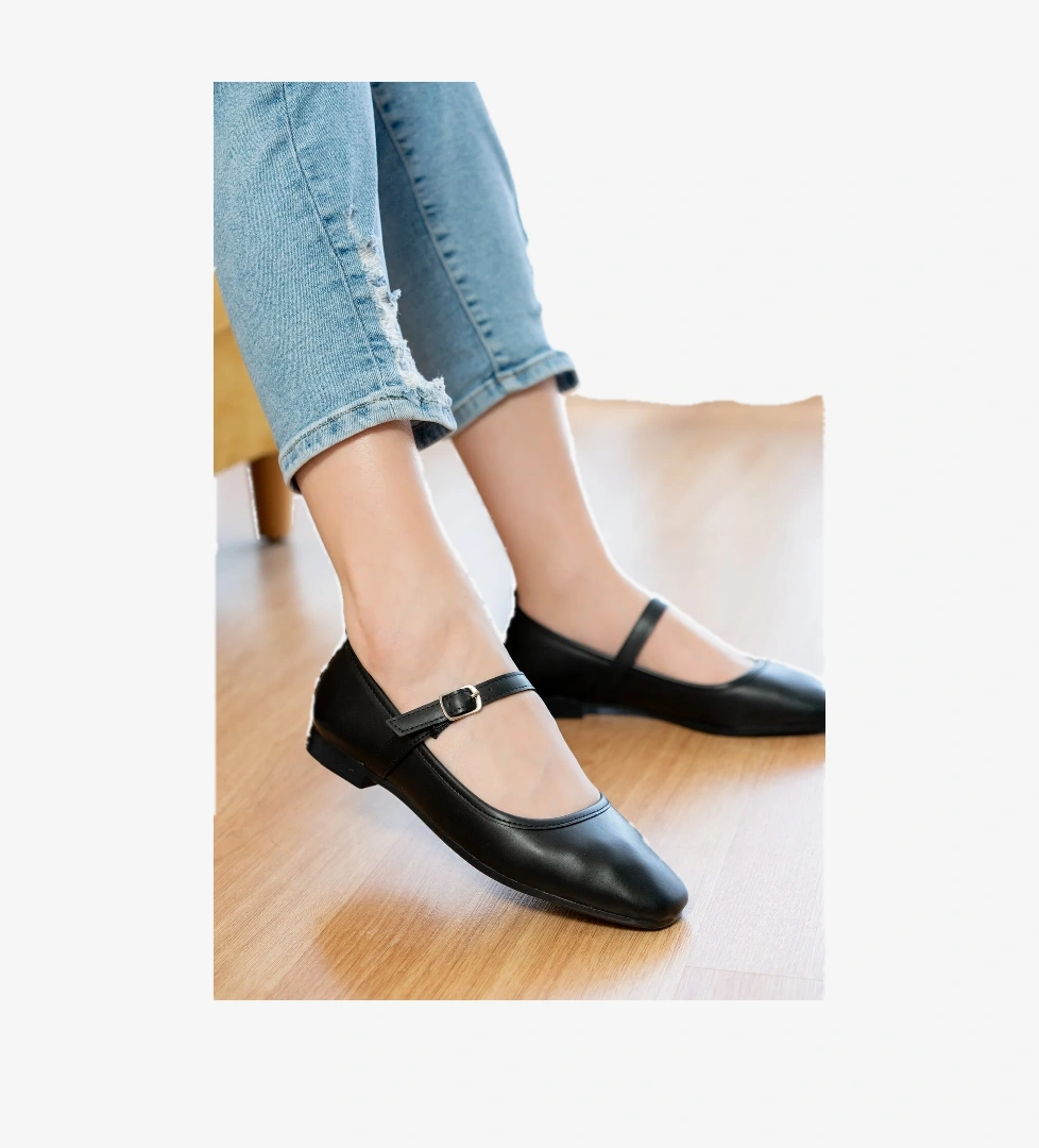 Latte Siyah ( 1 cm Topuklu ) Baretli Yuvarlık Burun Babet - Görsel 1