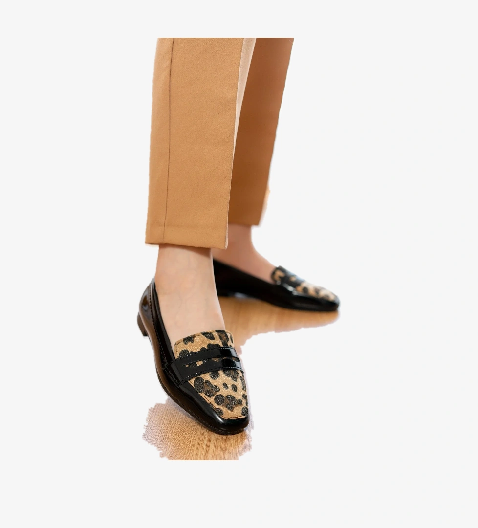 Fava Leopar Siyah Rugan ( 1 cm Topuklu ) Küt Burunlu Burun Babet - Görsel 1