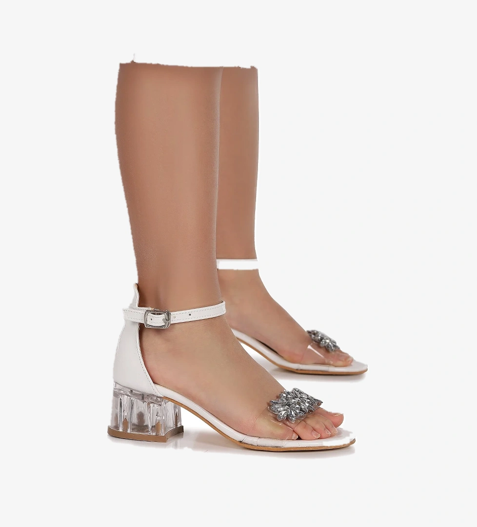 Yangu Rugan Taşlı Kız Çocuk 3 Cm Şeffaf Topuklu Sandalet Abiye Ayakkabı Beyaz