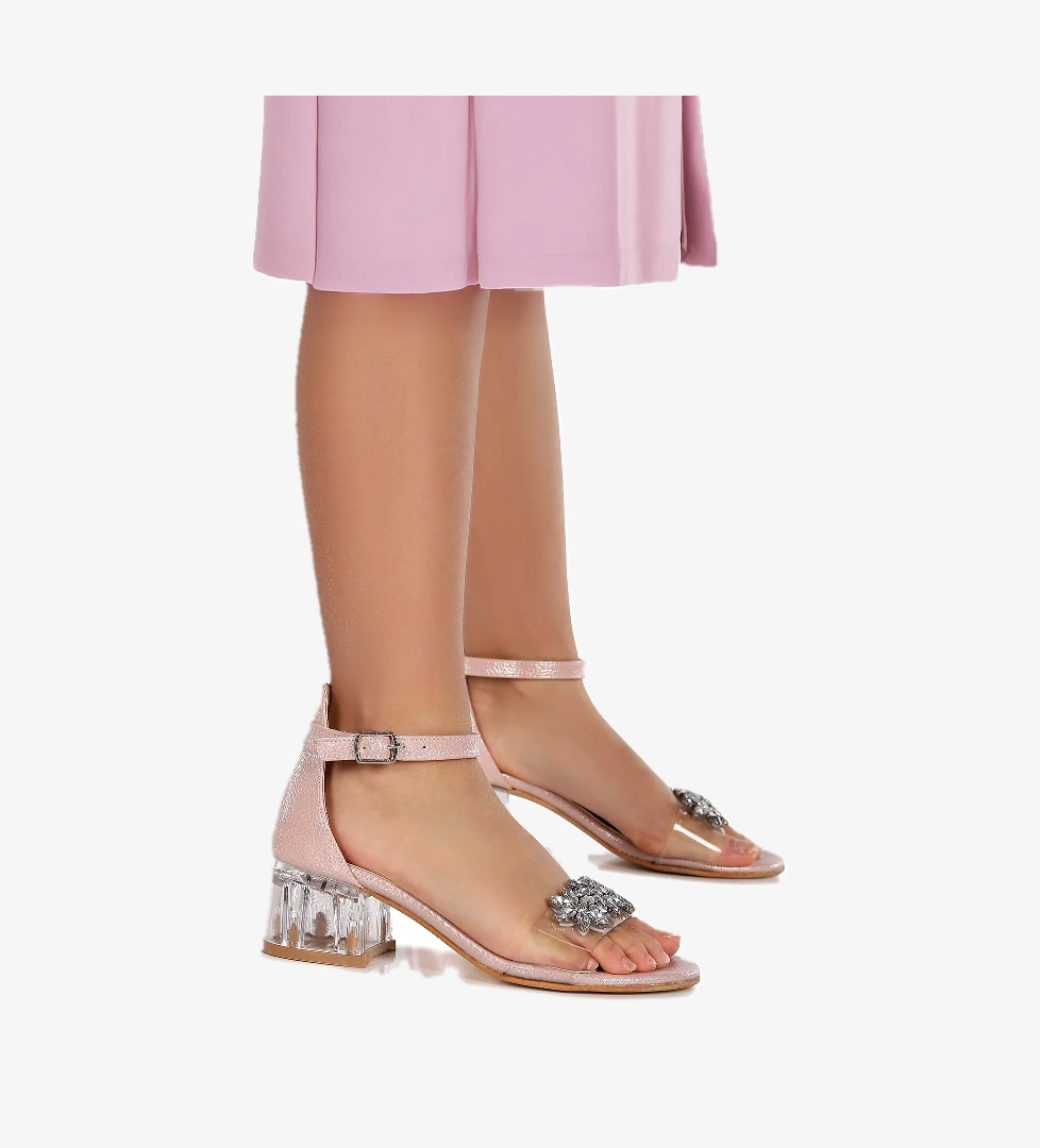 Yangu Vakko Taşlı Kız Çocuk 3 Cm Şeffaf Topuklu Sandalet Abiye Ayakkabı Pudra