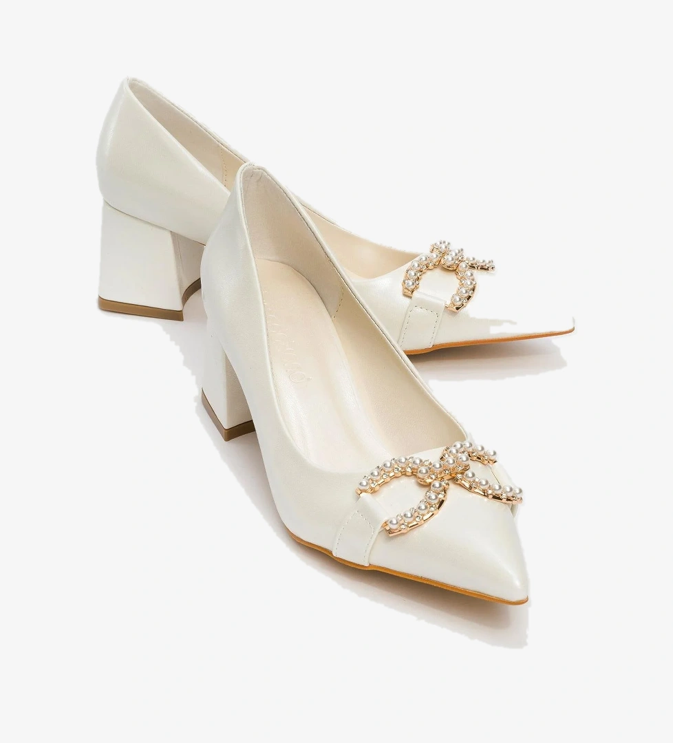 İnci Tokalı Kadın Topuklu Ayakkabı SEDEF CİLT