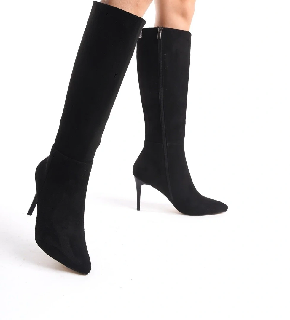 İlibri Siyah Süet İnce Topuklu Klasik Çizme - Görsel 1