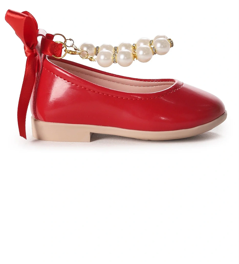 Blanch İncili Lastikli Kız Bebek Babet Ayakkabı Kırmızı