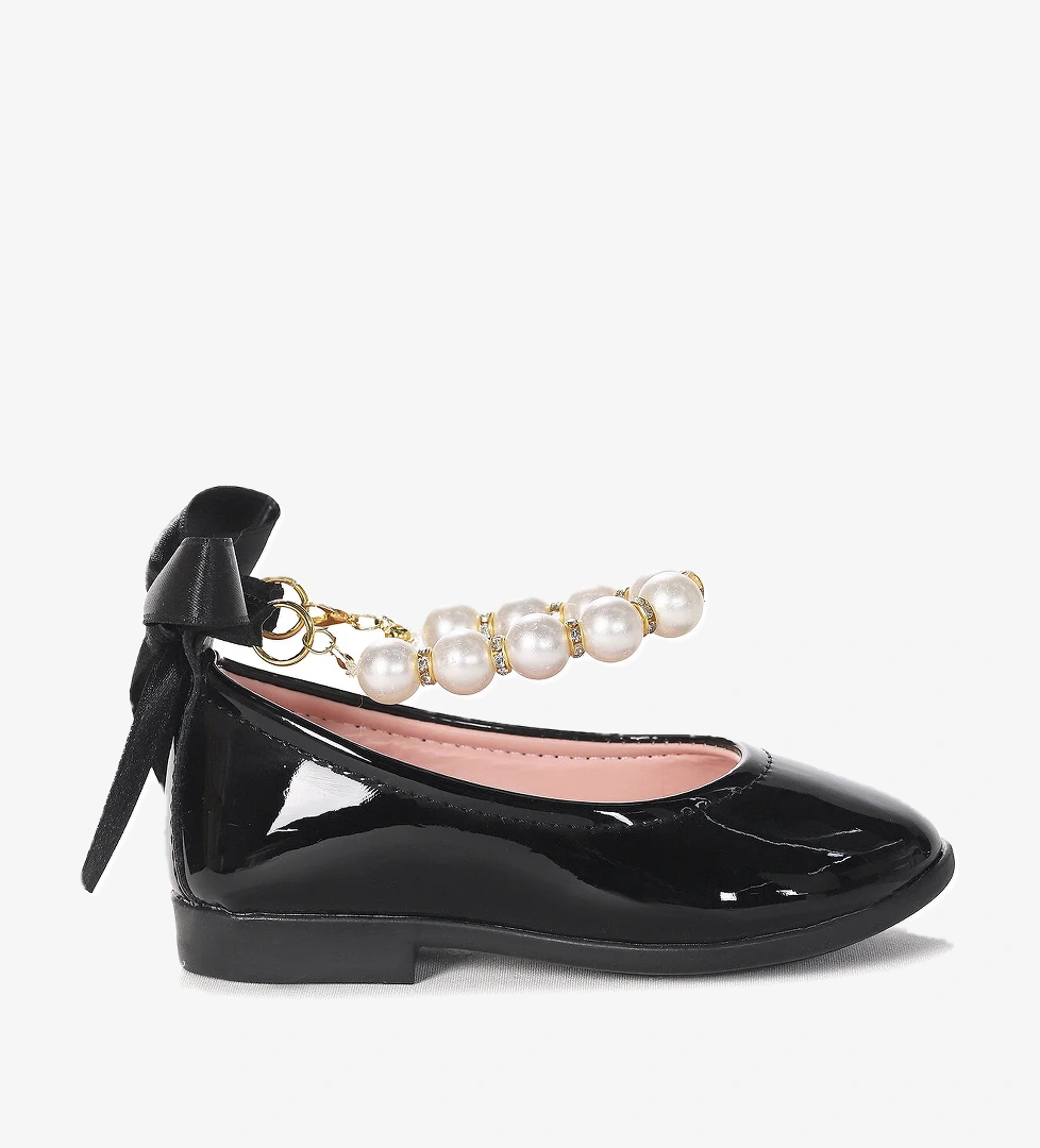 Blanch Rugan İncili Lastikli Kız Bebek Babet Ayakkabı Siyah