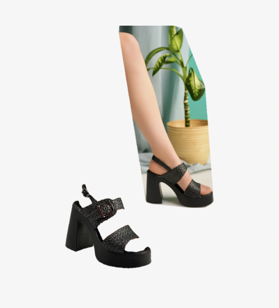 Kadın Yüksek 12 cm Topuklu Klasik Platform Ayakkabı Hasır Siyah