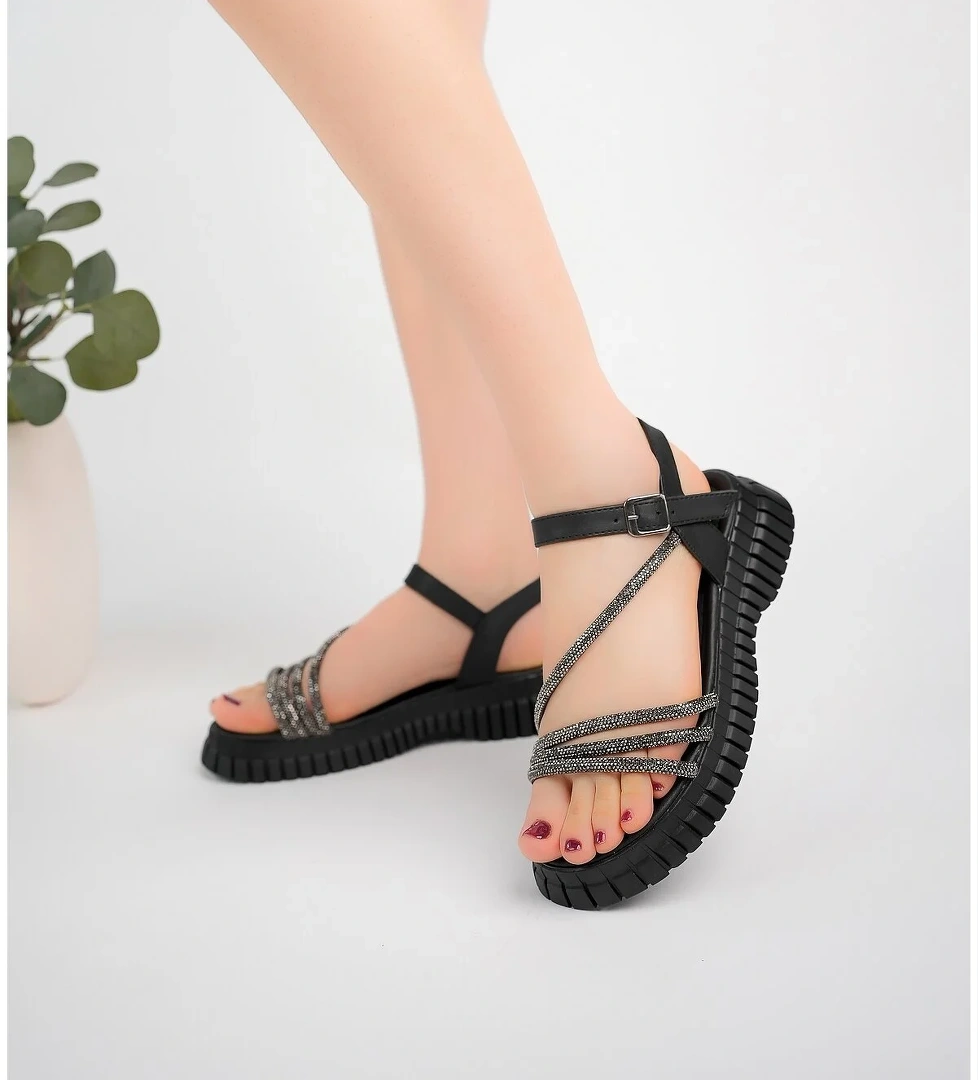 Kadın Sandalet Taş Detaylı Garantili Abb.811 Siyah