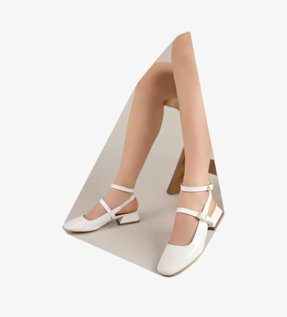 Freemax Kadın 4 cm Topuklu Klasik Köşeli Burun Mary Jane Kolej Ayakkabı Ckr.014 Beyaz model görseli