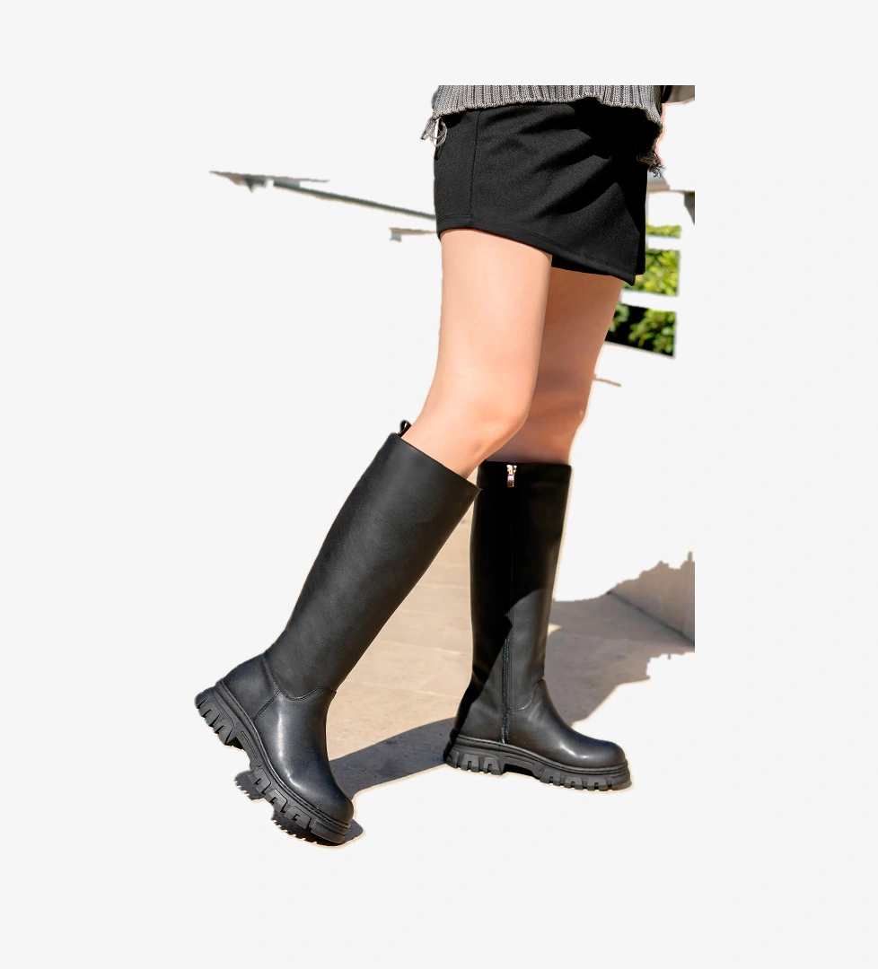 Garantili Esnek içi Kürklü Orotpedik iç Taban Kaymaz Kauçuk Su Geçirmez Çizme Siyah