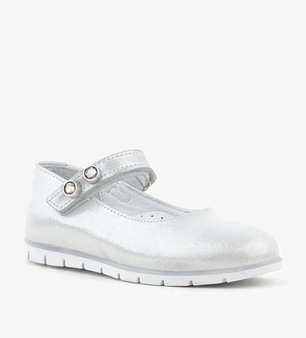 Hakiki Deri Gümüş Taşlı Cırt Cırtlı Kız Çocuk Babet - Görsel 1