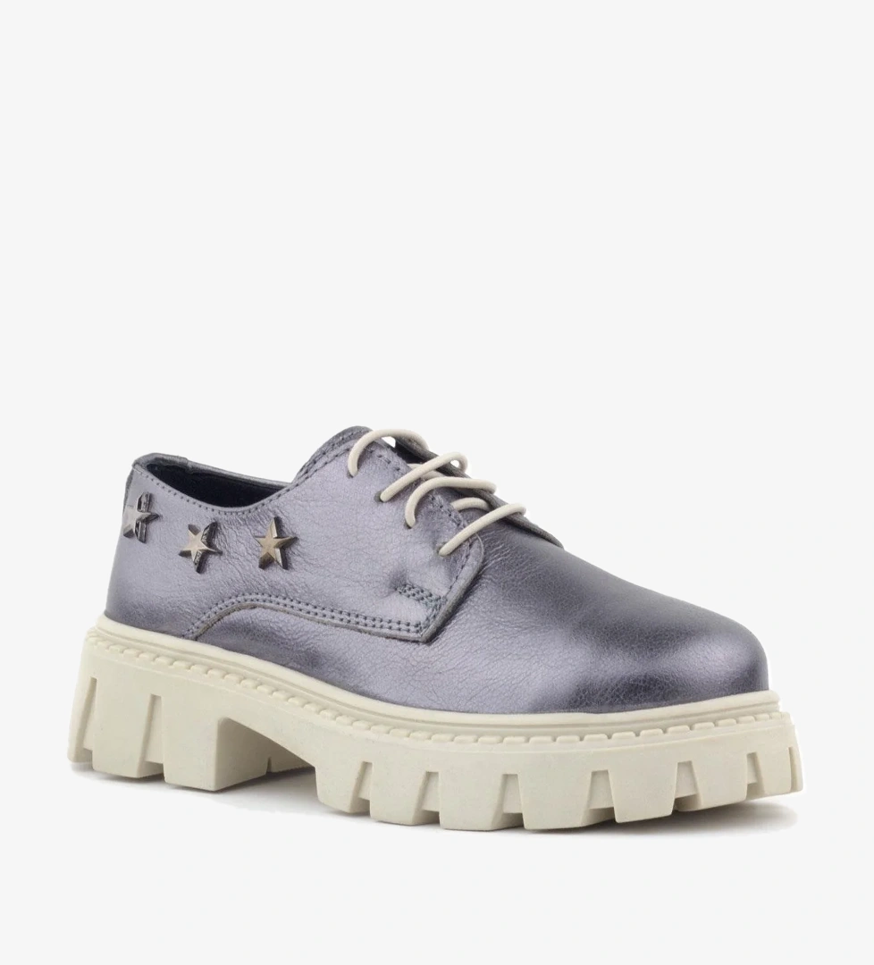 Platin Hakiki Deri Bağcıklı Yıldızlı Kız Çocuk Oxford Okul Ayakkabı - Görsel 1