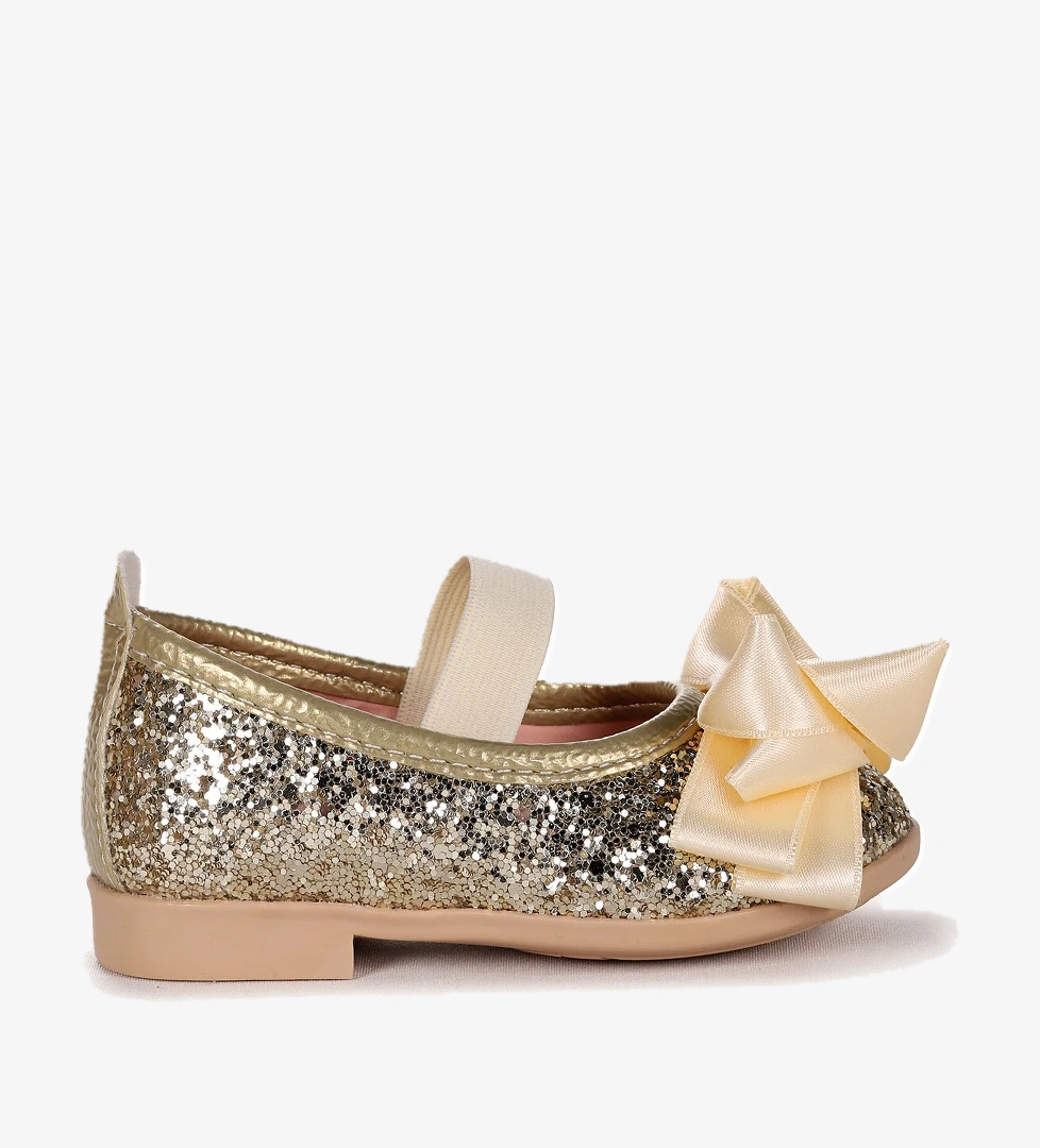 Panı Fiyonk Lastikli Kız Bebek Babet Ayakkabı Altın