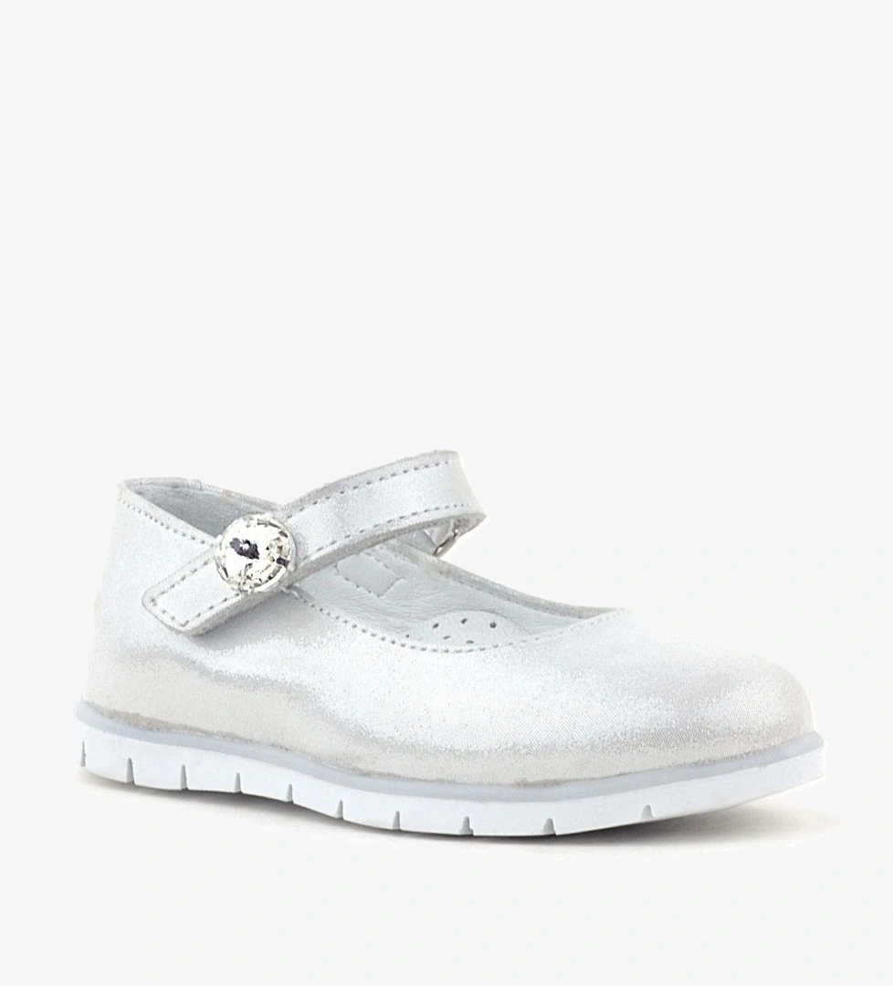 Hakiki Deri Gümüş Cırt Cırtlı Taş Detaylı Kız Çocuk Babet - Görsel 1