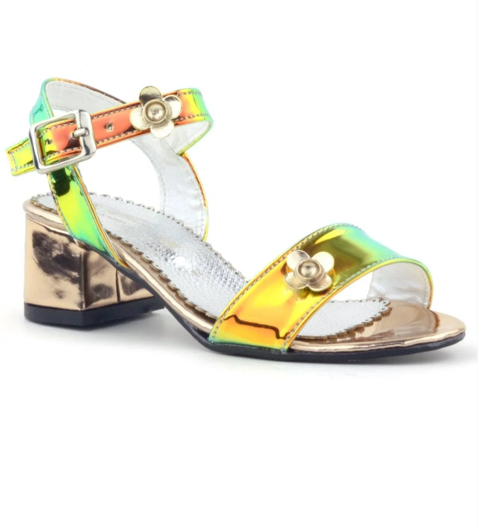 Pony Hologram Bakır Yeşil Kalın Topuklu Çiçek Detaylı Kız Çocuk Abiye Ayakkabı - Görsel 1