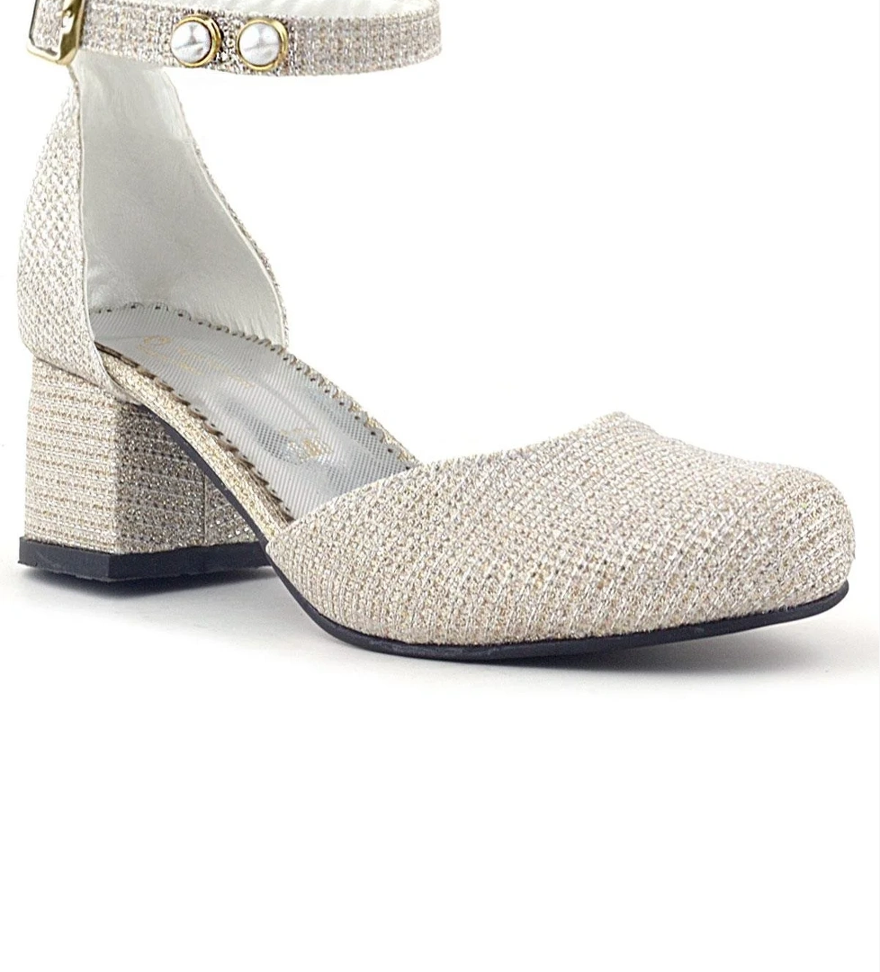 Hapshoe Kids Merida Gold Simli Kalın Topuklu İnci Detaylı Kız Çocuk Topuklu Ayakkabı model görseli