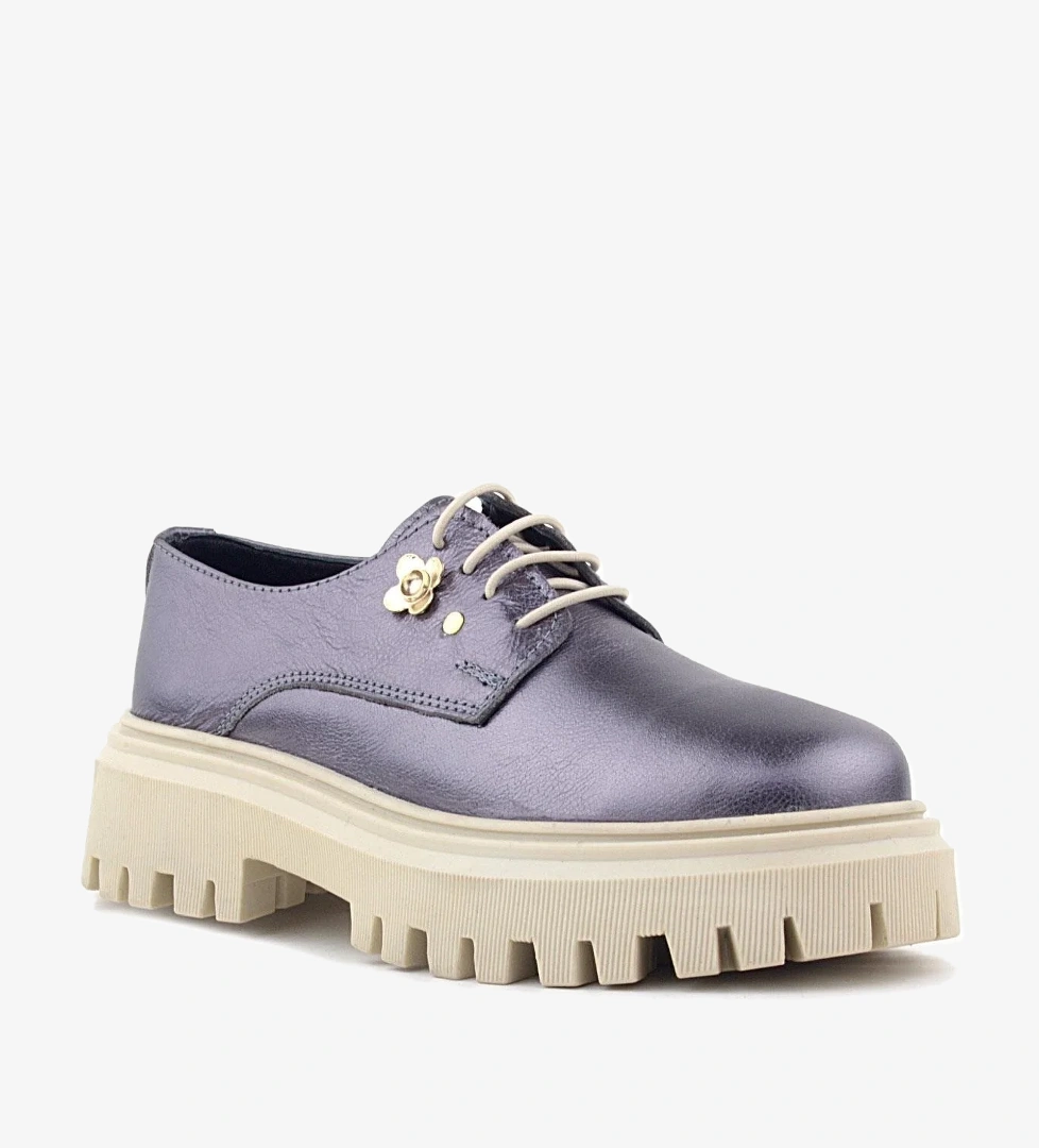 Rakerplus Platin Hakiki Deri Çiçek Detaylı Bağcıklı Oxford Günlük Ayakkabı model görseli