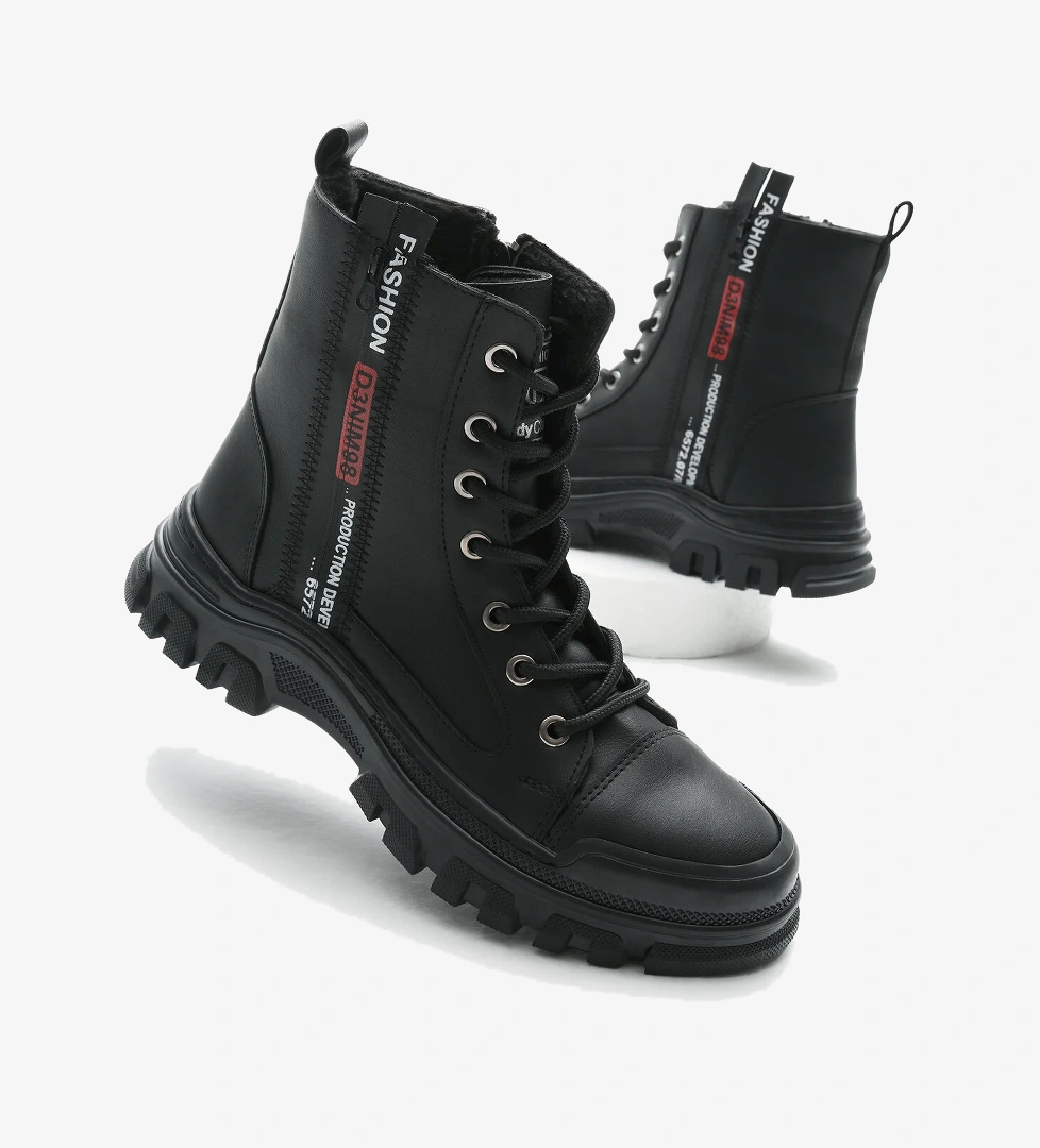 Kadın Siyah Cilt Termo Taban Yanı Şerit Yazılı Bağcıklı ve Fermuarlı Bot