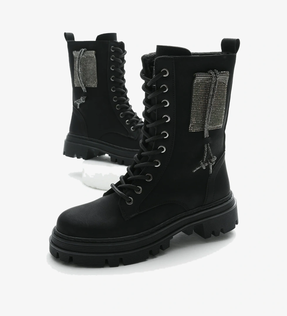 Kadın Siyah Mat Termo Taban Yanı Taşlı Bağcıklı ve Fermuarlı Bot