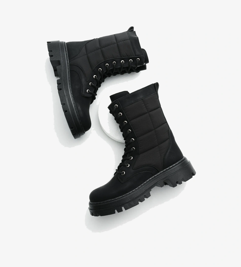 Kadın Siyah Mat Termo Taban Nakışlı Karo Desenli Bağcıklı ve Fermuarlı Bot