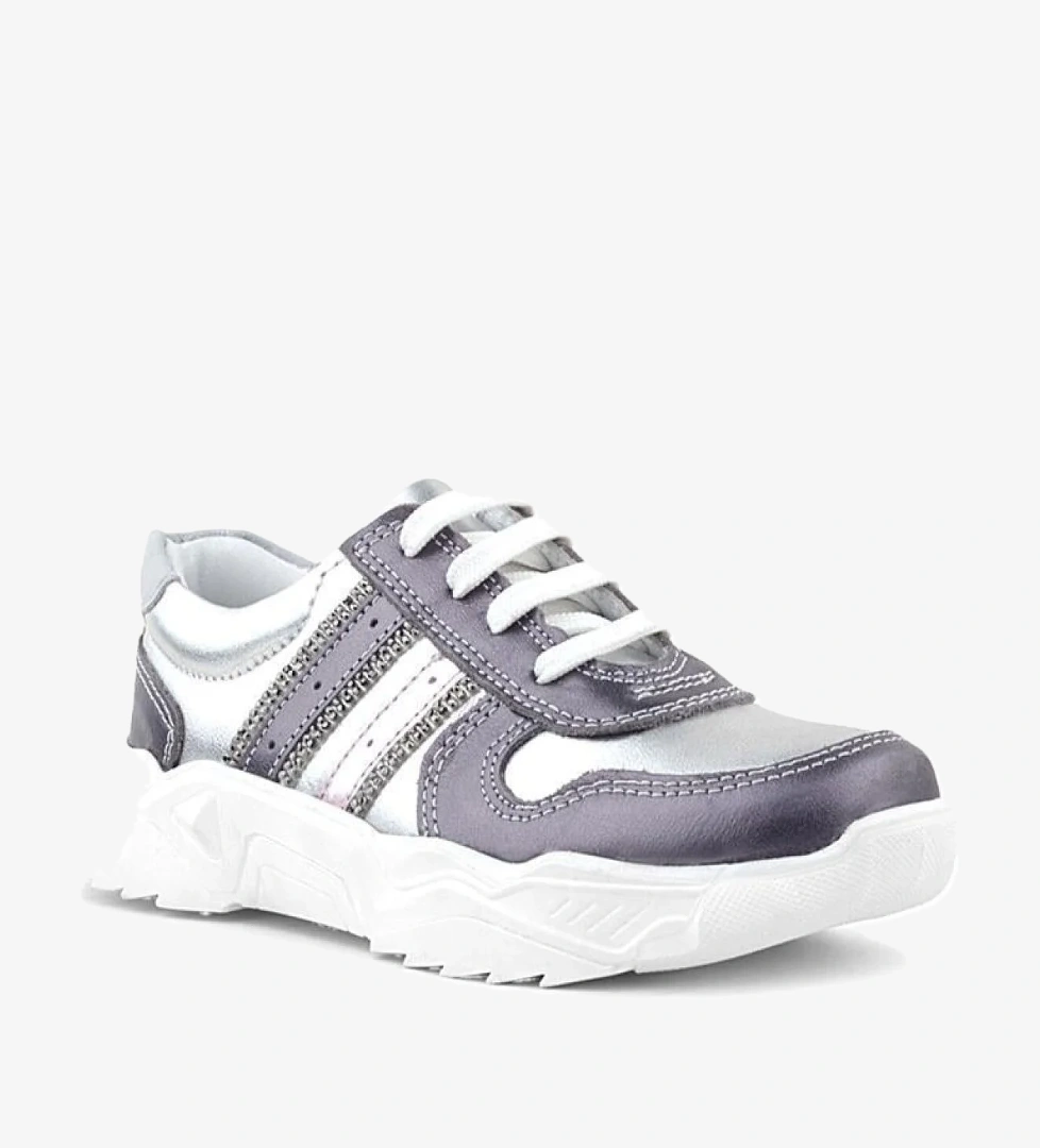 Hakiki Deri Platin Pembe Parlak Taşlı Kız Çocuk Sneakers Ayakkabı - Görsel 1