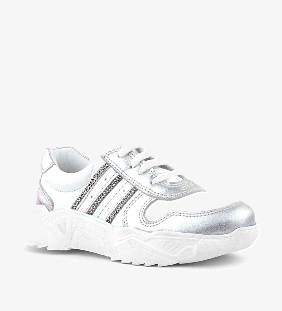 Rakerplus Hakiki Deri Gümüş Pembe Parlak Taşlı Kız Çocuk Sneakers Ayakkabı model görseli