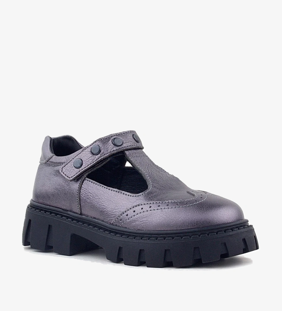 Hakiki Deri Platin Metal Detaylı Cırtlı Kız Çocuk Okul Ayakkabı - Görsel 1