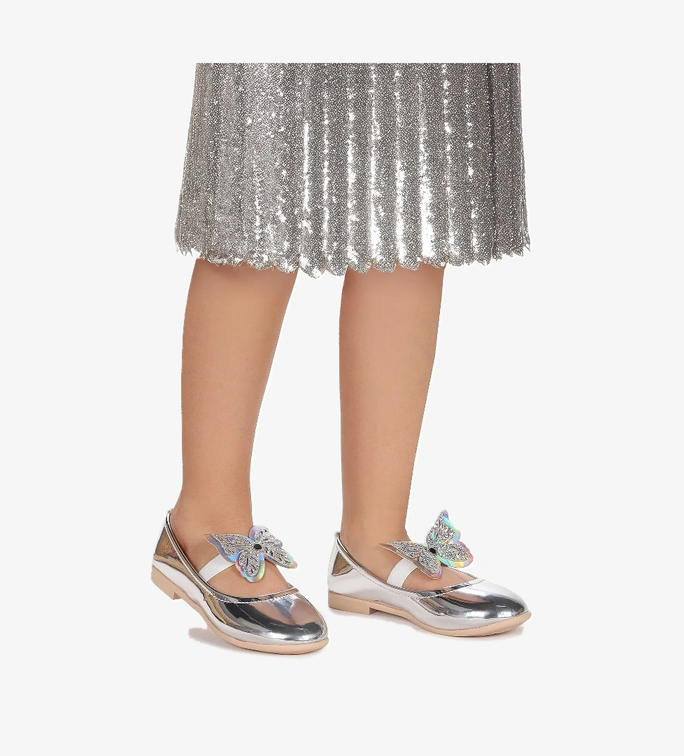 Menz Ayna Kelebek Lastikli Kız Çocuk Babet Ayakkabı Gümüş