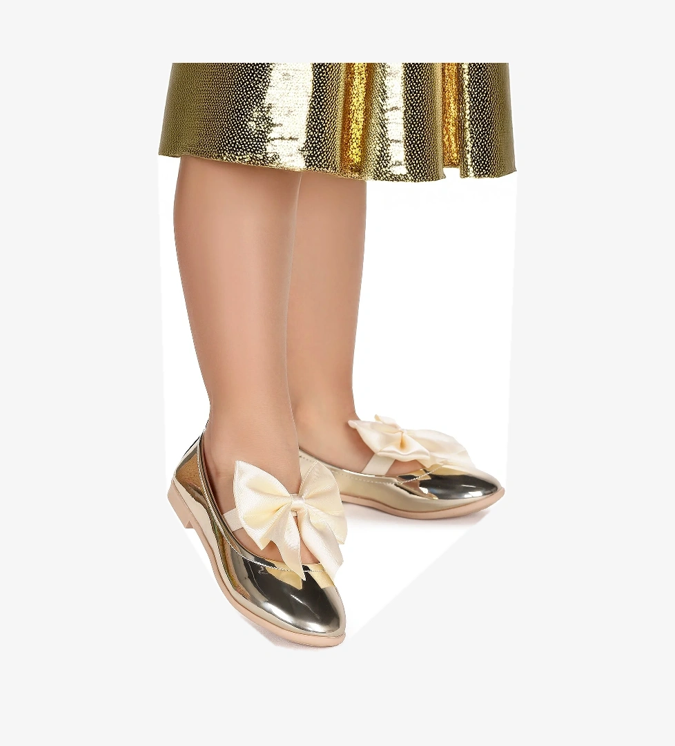 Tari Ayna Fiyonk Lastikli Kız Çocuk Babet Ayakkabı Altın