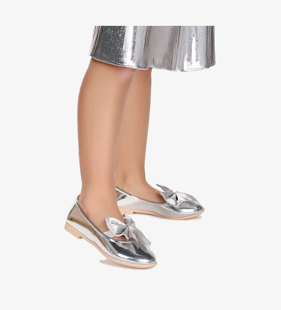 Tari Ayna Fiyonk Lastikli Kız Çocuk Babet Ayakkabı Gümüş