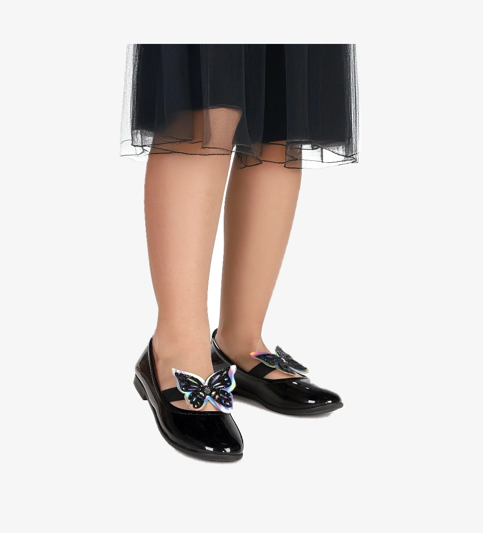 Menz Rugan Kelebek Lastikli Kız Çocuk Babet Ayakkabı Siyah