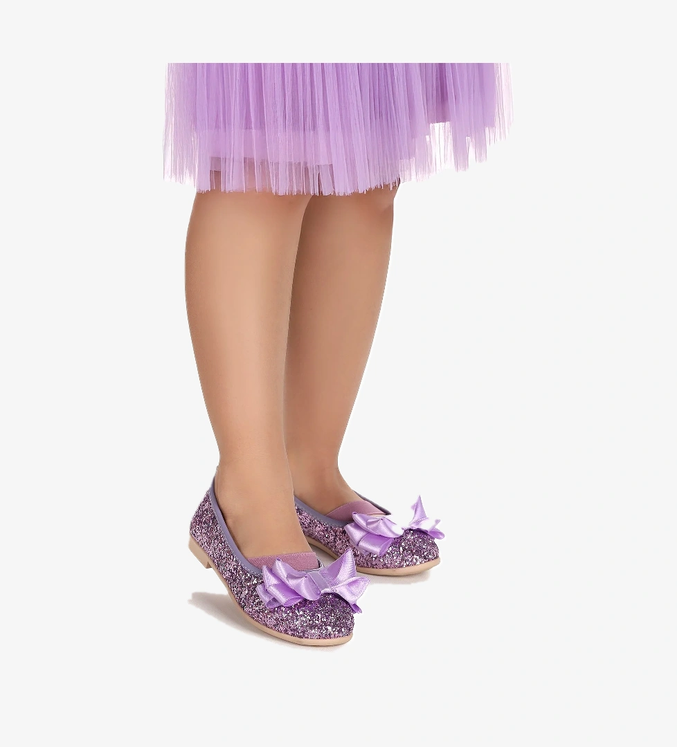 Panı Cam Kırığı Fiyonk Lastikli Kız Çocuk Babet Ayakkabı Lila