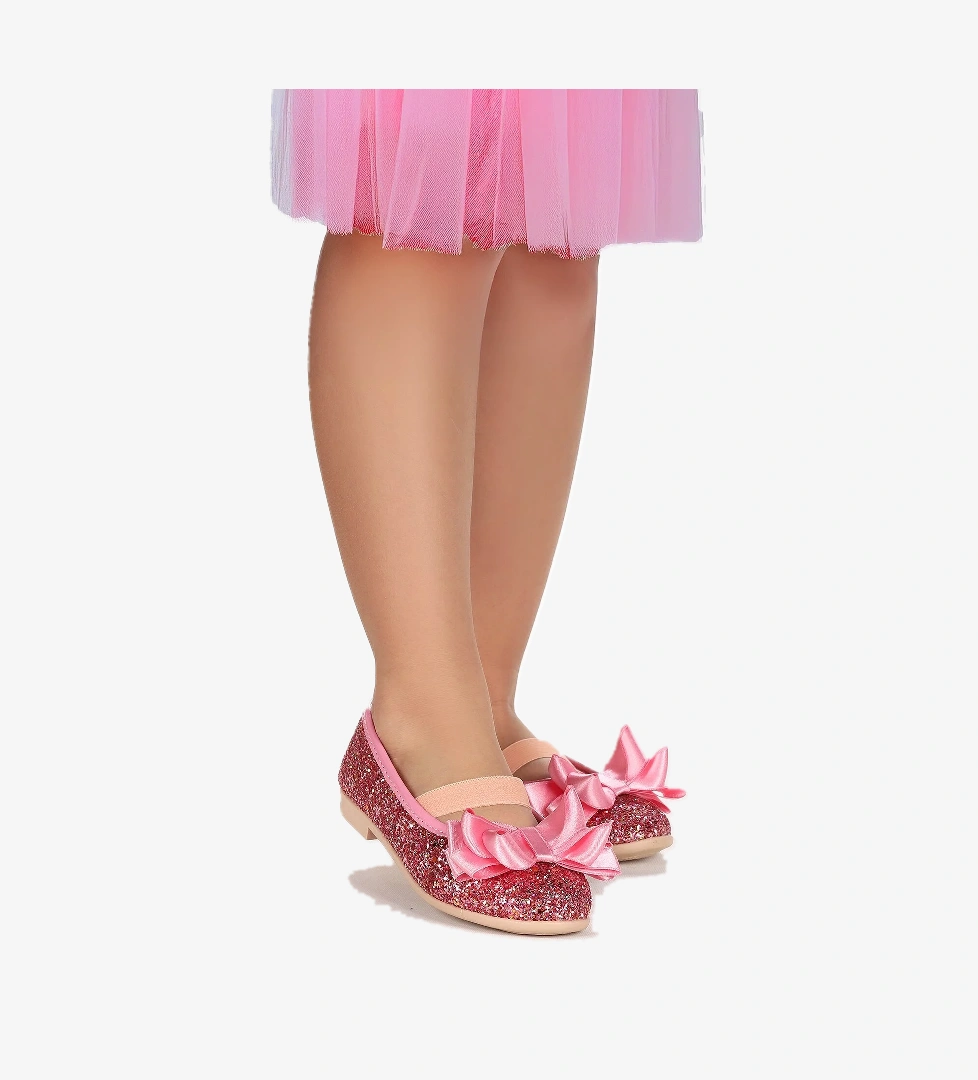 Panı Cam Kırığı Fiyonk Lastikli Kız Çocuk Babet Ayakkabı Pembe