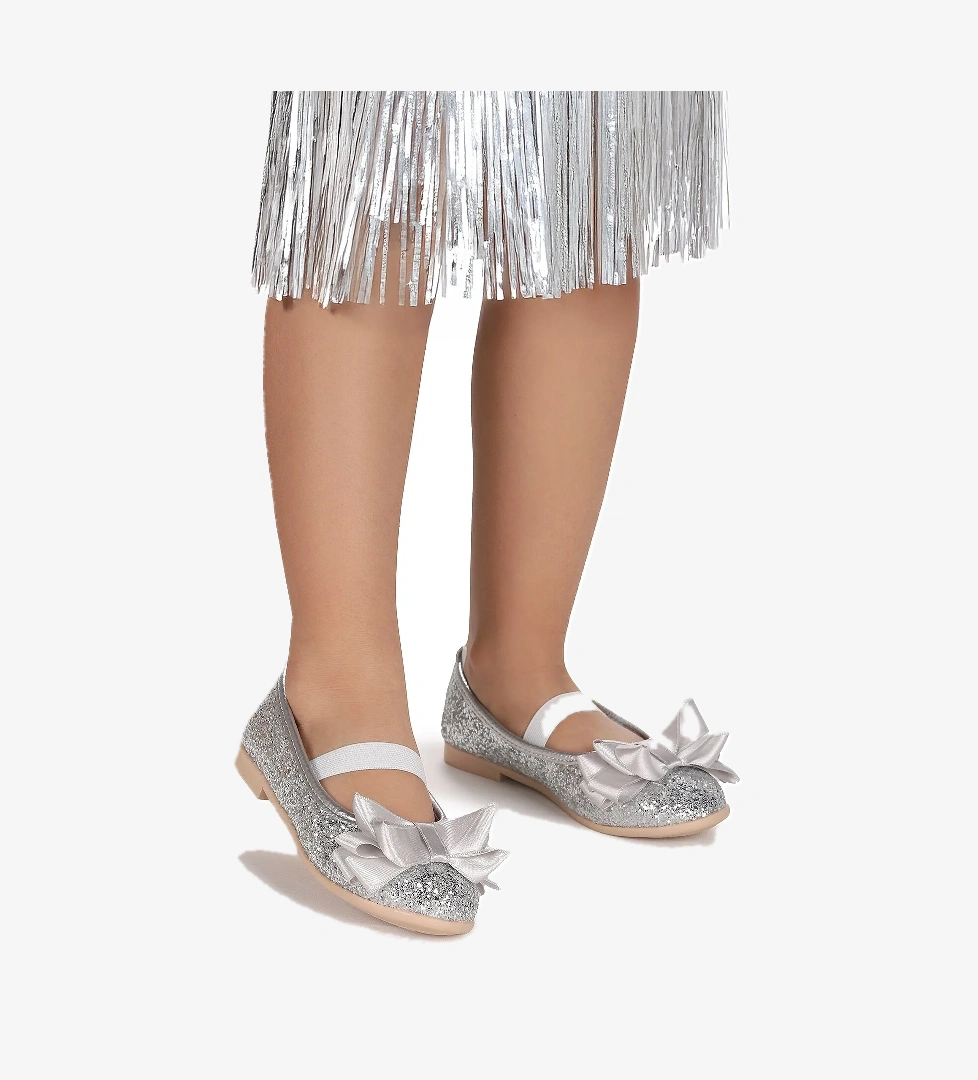 Kiko Kids Kiko Kids Panı Cam Kırığı Fiyonk Lastikli Kız Çocuk Babet Ayakkabı Gümüş | Flo Gümüş - 1. görsel
