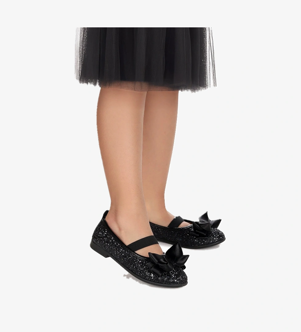 Kiko Kids Panı Cam Kırığı Fiyonk Lastikli Kız Çocuk Babet Ayakkabı Siyah