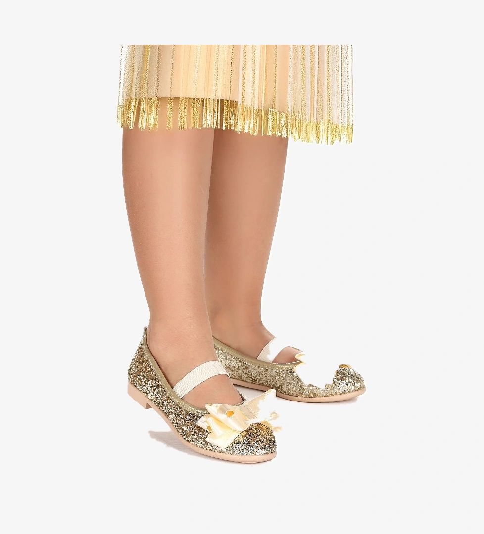 Panı Cam Kırığı Fiyonk Lastikli Kız Çocuk Babet Ayakkabı Altın