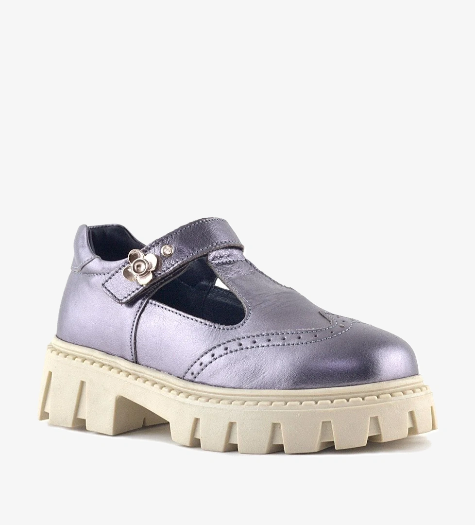 Hakiki Deri Platin Krem Tabanlı Çiçek Detaylı Kız Çocuk Günlük Ayakkabı - Görsel 1