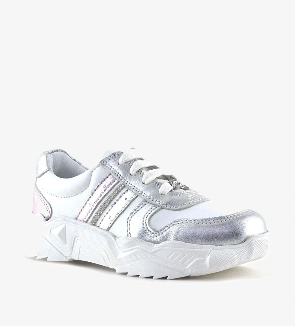 Hakiki Deri Gümüş Pembe Taşlı Kız Çocuk Günlük Ayakkabı - Görsel 1