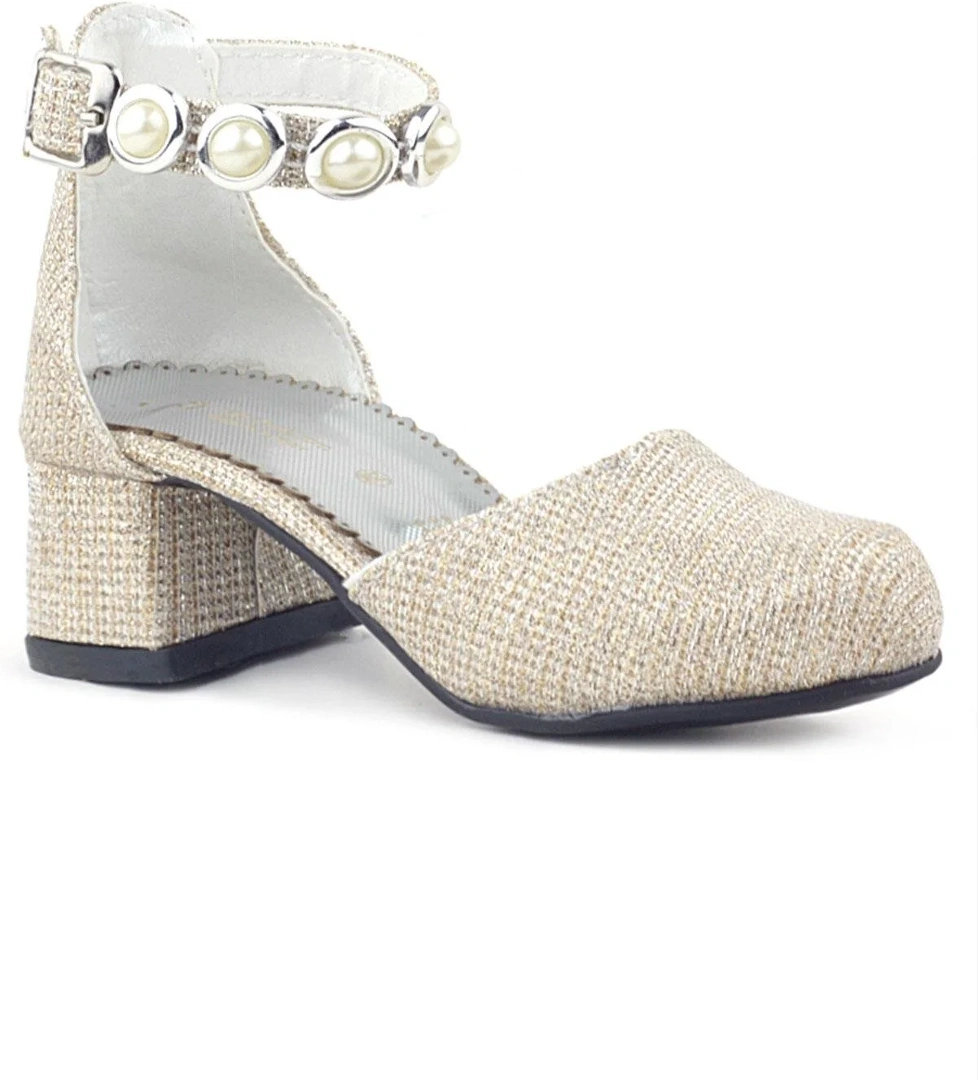 Hapshoe Kids Merida Gold Simli Kalın Topuklu Taşlı Kız Çocuk Topuklu Ayakkabı model görseli