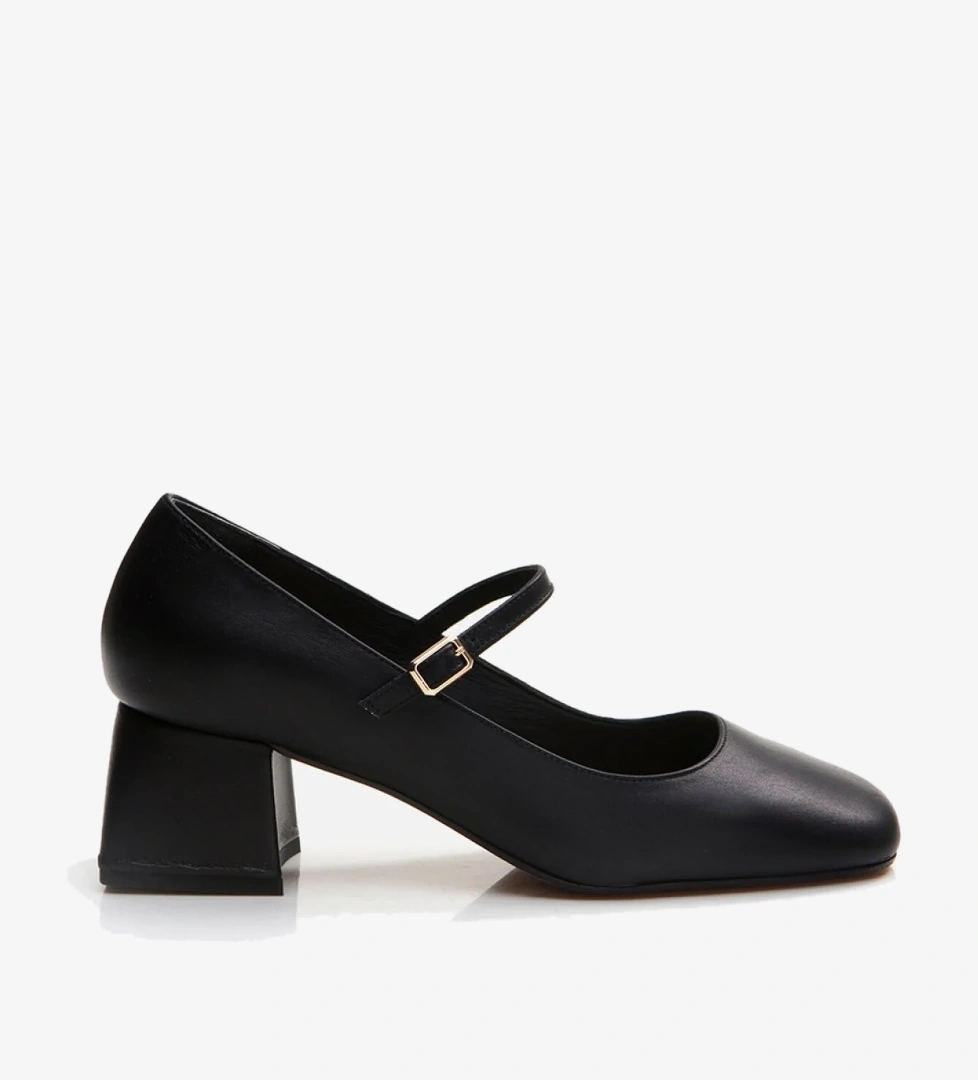 Kadın Deri Mary Jane Siyah Kalın Topuklu Ayakkabı