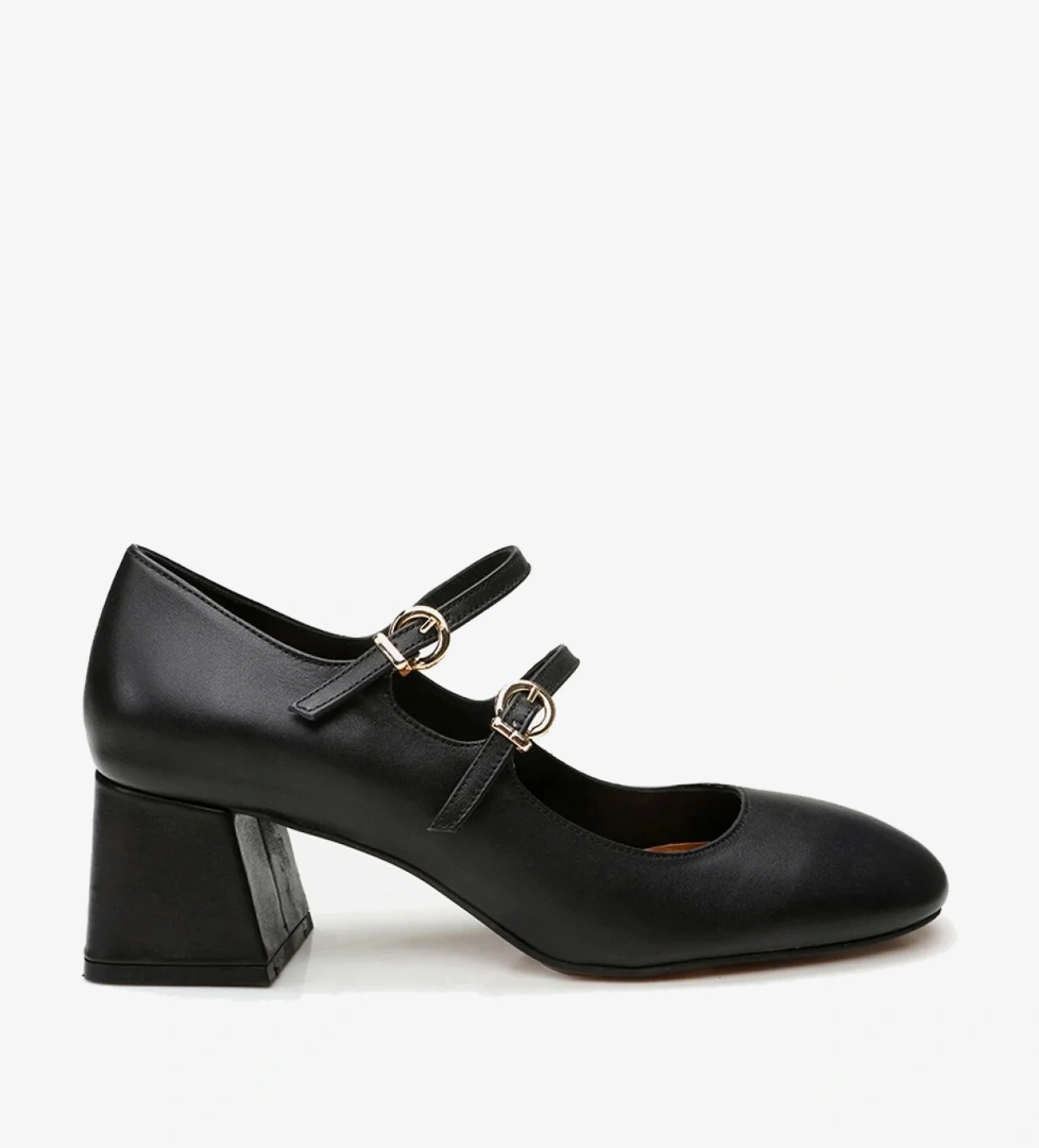 Kadın Deri Mary Jane Siyah Kalın Topuk - Görsel 1