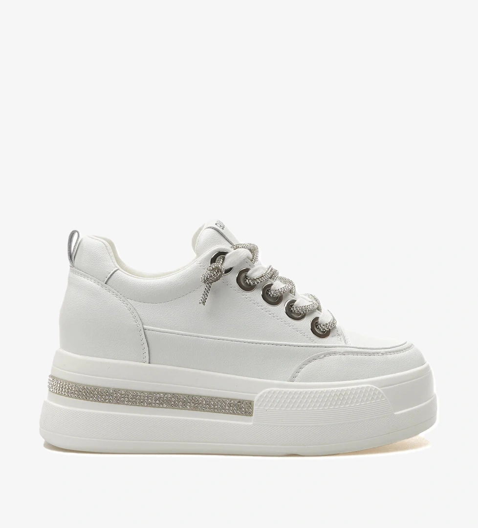 Kadın Taş Detaylı Gizli Dolgu Topuk Sneaker Günlük Ayakkabı 25y 25y492 Z Beyaz - Görsel 1