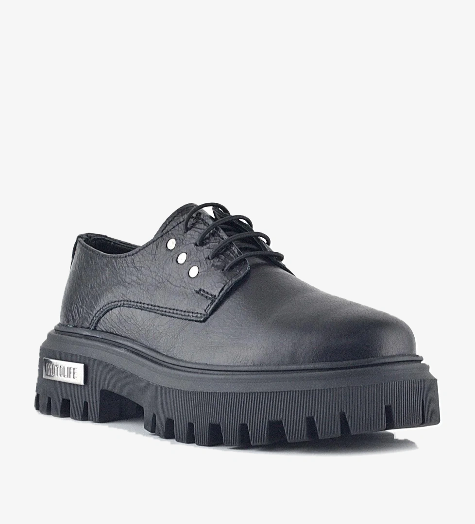 Siyah Kırışık Hakiki Deri Bağcıklı Metal Detaylı GünlükOxford Ayakkabı - Görsel 1