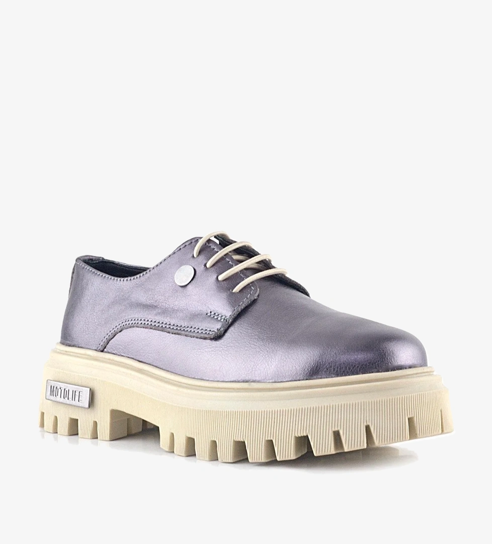 Platin Hakiki Deri Metal Detaylı Bağcıklı Günlük Oxford Ayakkabı - Görsel 1