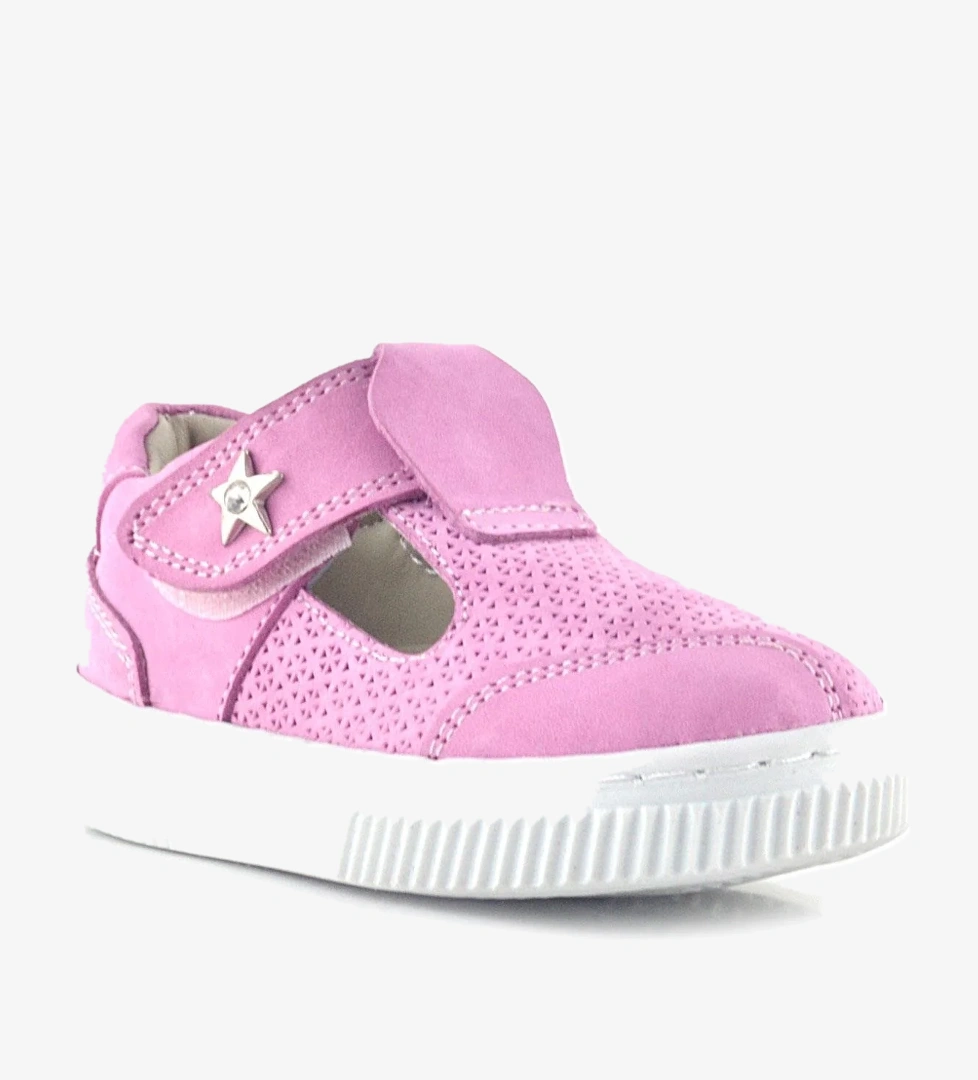 Bheem Hakiki Deri Pembe Cırtlı Yıldız Detaylı Bebek Sandalet - Görsel 1