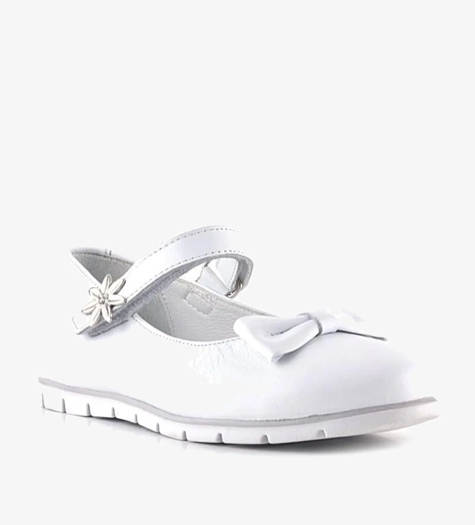 Hakiki Deri Beyaz Cırtlı Çiçek Detaylı Kız Çocuk Babet Ayakkabı - Görsel 1