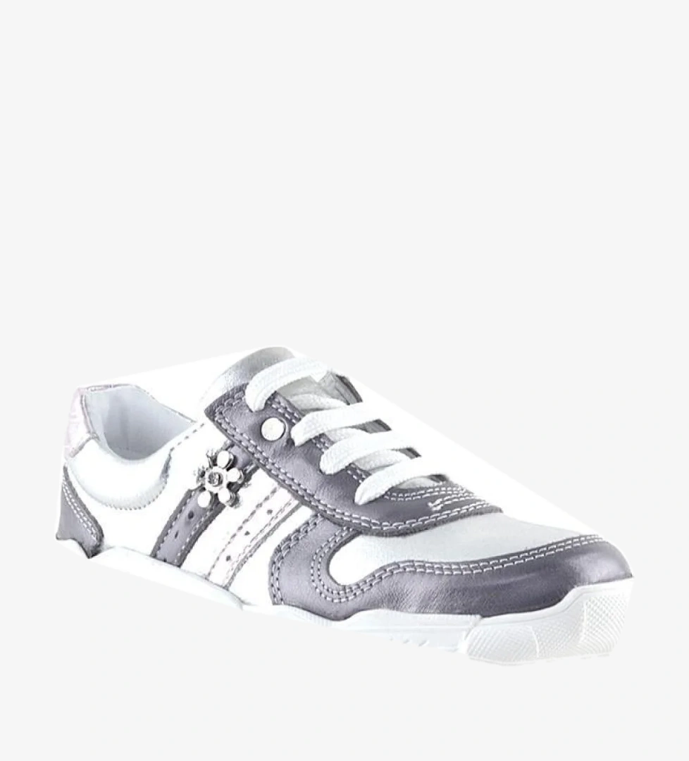 Hakiki Deri Platin Pembe Çiçek Metal Detaylı Kız Çocuk Spor Ayakkabı - Görsel 1