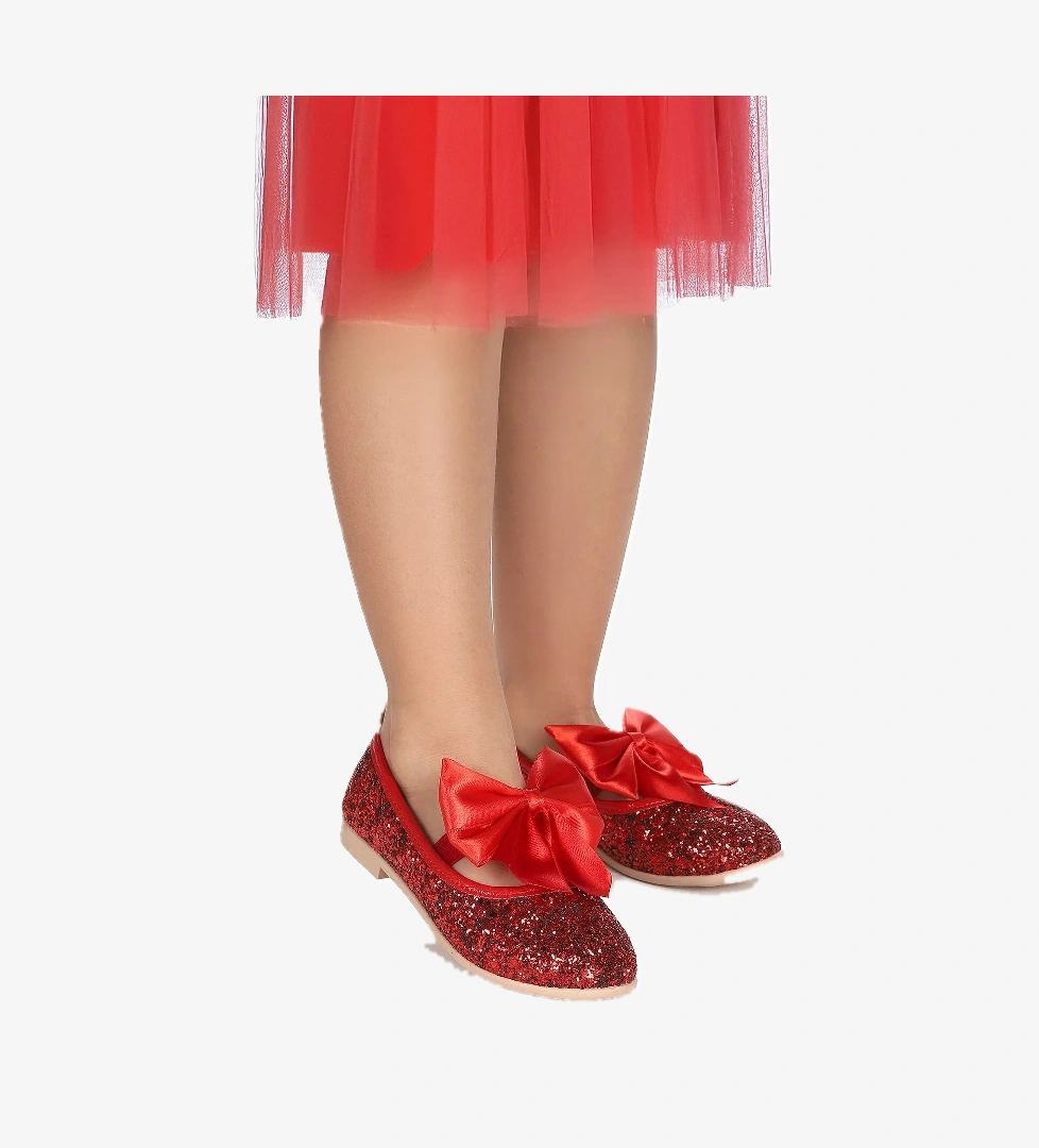 Tari Cam Kırığı Fiyonk Lastikli Kız Çocuk Babet Ayakkabı Kırmızı